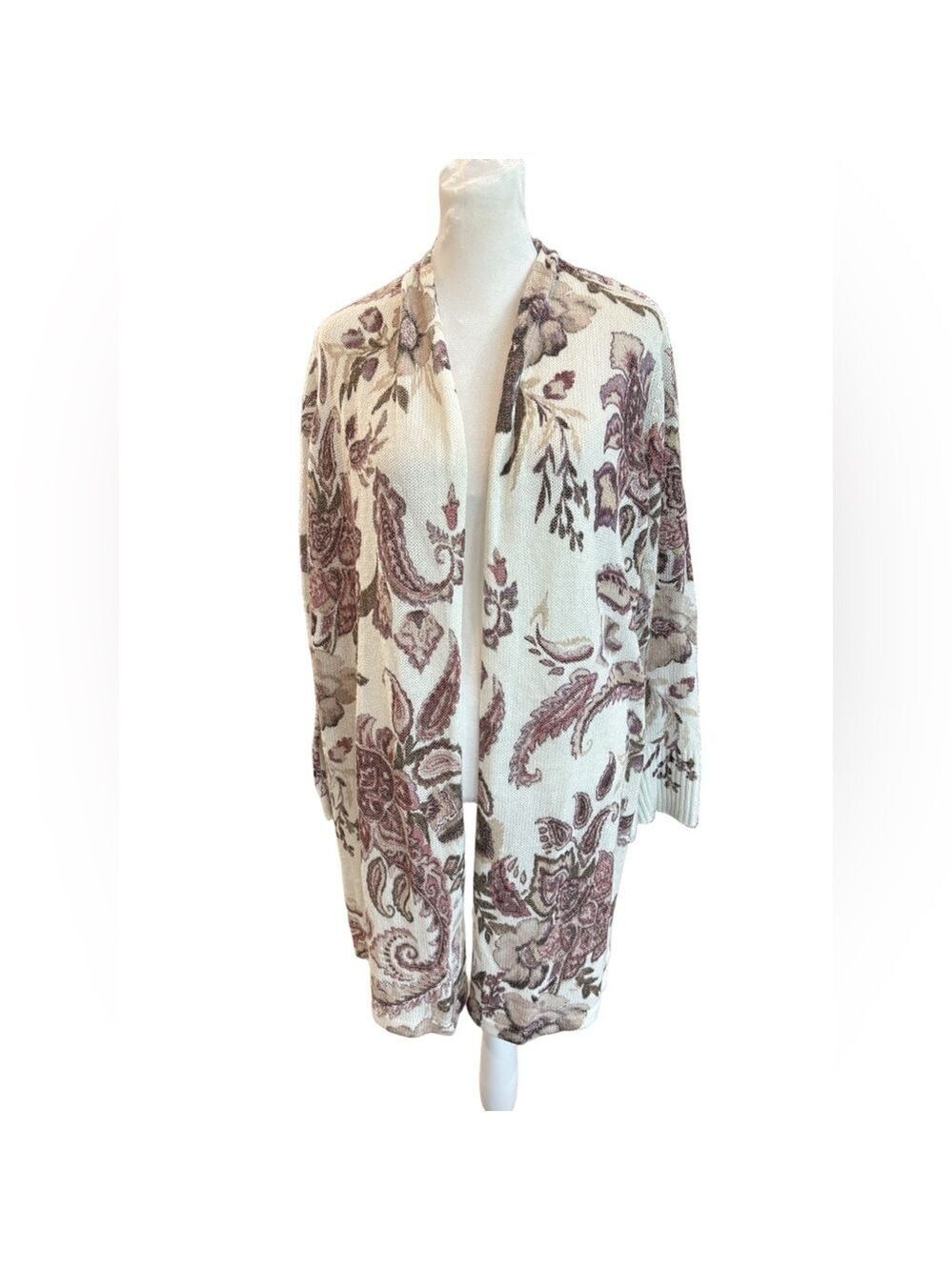 Chico’s Size 2/L long open front cardigan paisley autumn lightweight